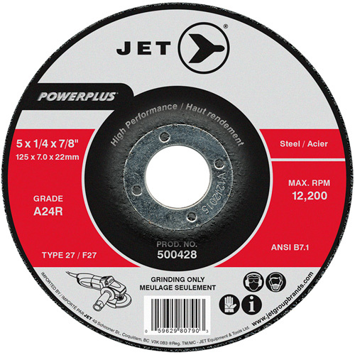 JET 500428 Powerplus® Depressed Centre Grinding Wheel Powerplus<sup>®</sup> Depressed Centre Grinding Wheel, 5" x 1/4", 7/8" Arbor, Type 27/F27, Aluminum Oxide, 12200 RPM - Each