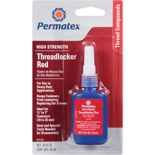 Permatex 27110 Low Viscosity Threadlocker Low Viscosity Threadlocker, Red, High, 10 ml, Bottle - Bottle