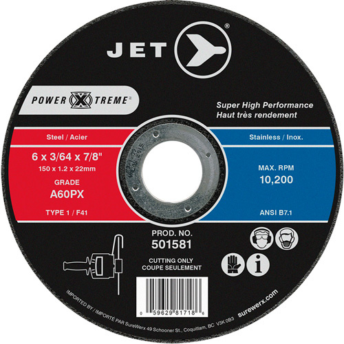 JET 501581 POWER-XTREME Cut-Off Wheel POWER-XTREME Cut-Off Wheel, 6" x 3/64", 7/8" Arbor, Type 1, 10200 RPM - Each