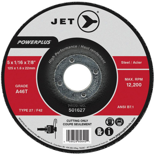 JET 501622 PowerPlus® Cut-Off Wheel PowerPlus<sup>®</sup> Cut-Off Wheel, 4-1/2" x 1/16", 7/8" Arbor, Type 27, 13300 RPM - Each
