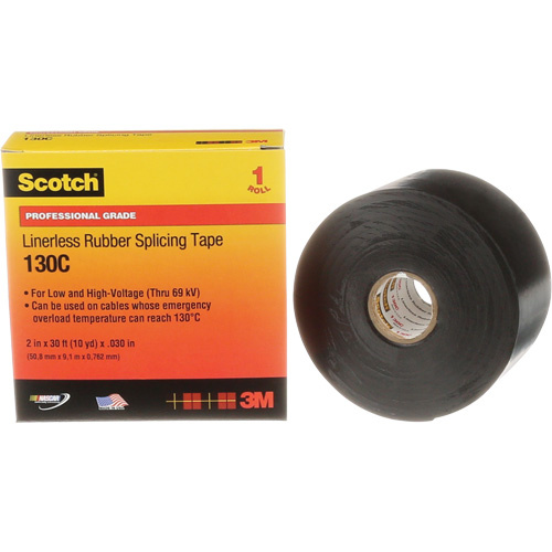 3M 130C-2X30 Scotch Professional Grade Linerless Rubber Splicing Tape, 50.8 mm (2") W x 9 m (30') L, 30 mils, Black-(Roll)