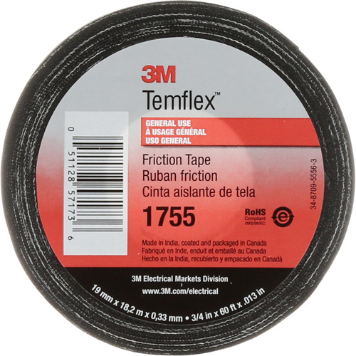 3M 1755-3/4X60 Temflex™ Cotton Friction Tape 1755 Temflex™ Cotton Friction Tape 1755, 19 mm (3/4") x 18.28 m (60'), Black - Roll