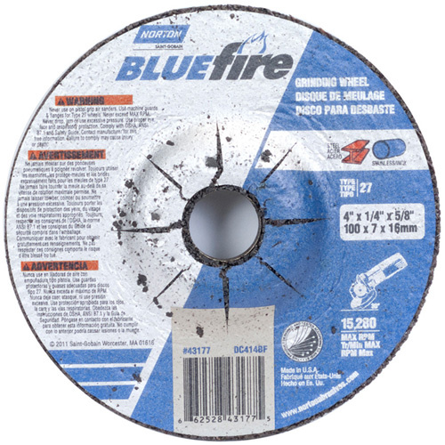 Norton 66252843177 BlueFire® Depressed Center Wheel BlueFire<sup>®</sup> Depressed Center Wheel, 4" x 1/4", 5/8" Arbor, Type 27, Zirconia Alumina, 15280 RPM - Each