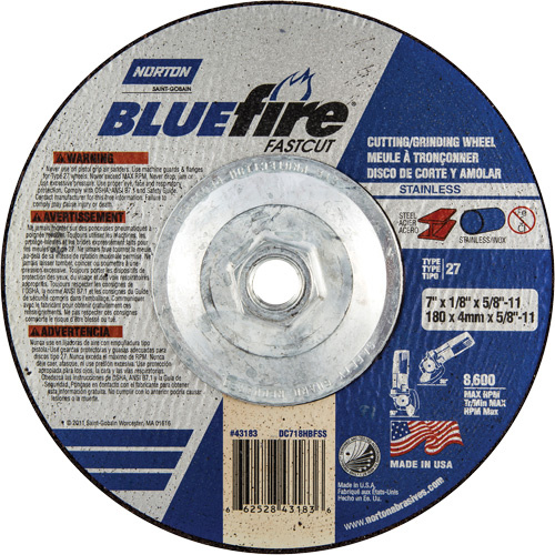Norton 66252843183 Bluefire® Fastcut™ Depressed Centre Wheel Bluefire<sup>®</sup> Fastcut™ Depressed Centre Wheel, 7" x 1/8", 5/8"-11 Arbor, Aluminum Oxide/Zirconia Alumina, Type 27 - Each