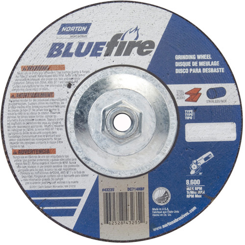 Norton 66252843235 Bluefire® Fastcut™ Depressed Centre Wheel Bluefire<sup>®</sup> Fastcut™ Depressed Centre Wheel, 7" x 1/4", 5/8"-11 Arbor, Zirconia Alumina, Type 27 - Each