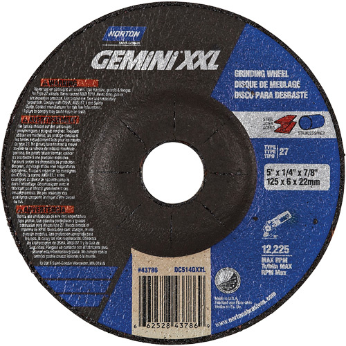 Norton 66252843786 Gemini® Rightcut™ Depressed Centre Wheel Gemini<sup>®</sup> Rightcut™ Depressed Centre Wheel, 5" x 1/4", 7/8" Arbor, Aluminum Oxide, Type 27 - Each