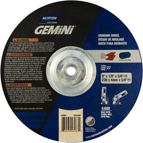 Norton 66253048983 Gemini Grinding and Cutting Wheel, 9" x 1/8", 5/8"-11 Arbor, Type 27, Aluminum Oxide, 6600 RPM-(Each)