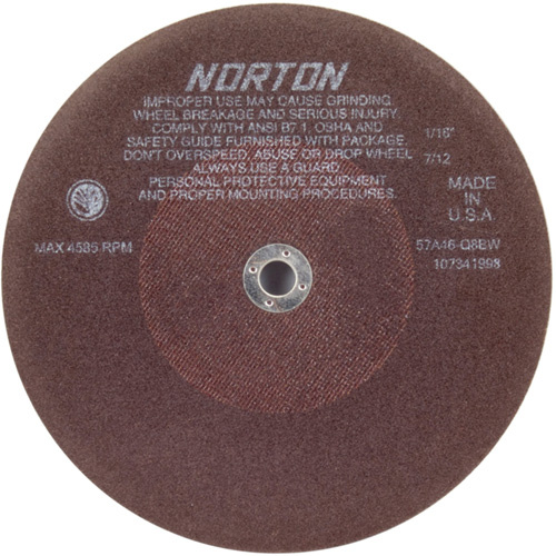 Norton 66253122818 Non-Reinforced Tool Room Cut-Off Wheels, 10" x 1/16", 5/8" Arbor, Type 01/41, Aluminum Oxide, 4585 RPM-(Each)