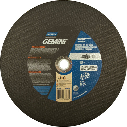 Norton 66252837838 High Speed Reinforced Cut-Off Wheels, 12" x 1/8", 1" Arbor, Type 1, Aluminum Oxide, 6360 RPM-(Each)