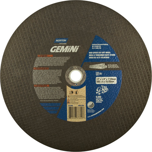 Norton 66252837840 High Speed Reinforced Cut-Off Wheels, 12" x 1/8", 1" Arbor, Type 1, Aluminum Oxide, 6360 RPM-(Each)