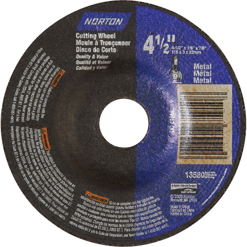 Norton 66252843611 Depressed Centre Metal Grinding Wheels Depressed Centre Metal Grinding Wheels, 4-1/2" x 1/8", 7/8" Arbor, Aluminum Oxide, Type 27 - Each