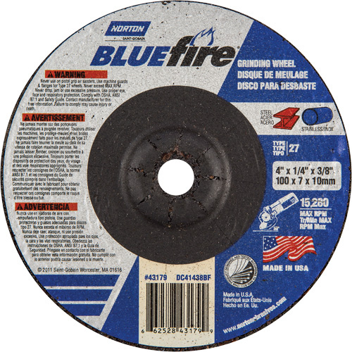 Norton 66252843179 BlueFire® Grinding Wheels BlueFire<sup>®</sup> Grinding Wheels, 4" x 1/4", 3/8" Arbor, Zirconia Alumina, Type 27 - Each