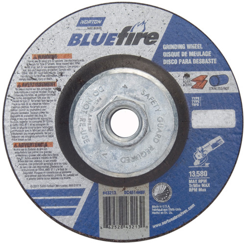 Norton 66252843213 BlueFire® Grinding Wheels BlueFire<sup>®</sup> Grinding Wheels, 4-1/2" x 1/4", 5/8"-11 Arbor, Zirconia Alumina, Type 27 - Each