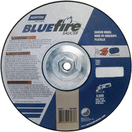 Norton 66252843237 BlueFire® Saucer Wheels BlueFire<sup>®</sup> Saucer Wheels, 9" x 1/4", 5/8"-11 Arbor, Zirconia Alumina, Type 28 - Each