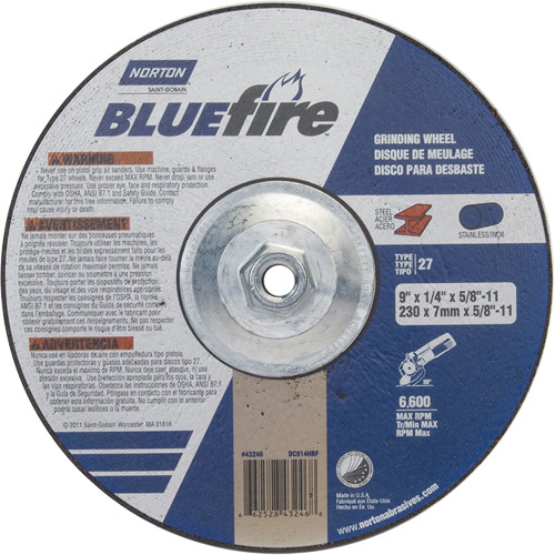Norton 66252843246 BlueFire® Grinding Wheels BlueFire<sup>®</sup> Grinding Wheels, 9" x 1/4", 5/8"-11 Arbor, Zirconia Alumina, Type 27 - Each