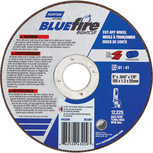 Norton 66252843208 BlueFire® Cut-off Wheel BlueFire<sup>®</sup> Cut-off Wheel, 4-1/2" x 0.045"/1/16", 7/8" Arbor, Type 01/41, Aluminum Oxide/Zirconium, 13580 RPM - Each