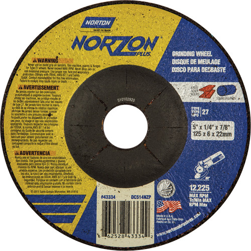 Norton 66252843334 Norzon Plus® Depressed Centre Grinding Wheels Norzon Plus<sup>®</sup> Depressed Centre Grinding Wheels, 5" x 1/4", 7/8" Arbor, Ceramic/Zirconium, Type 27 - Each