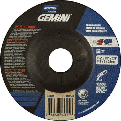 Norton 66252801865 Gemini® Depressed Centre Grinding Wheels Gemini<sup>®</sup> Depressed Centre Grinding Wheels, 6" x 1/4", 7/8" Arbor, Aluminum Oxide, Type 27 - Each