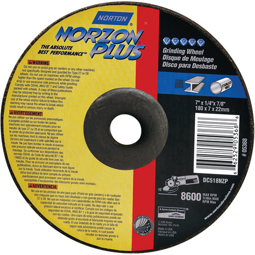 Norton 66252843324 Norzon Plus® Depressed Centre Grinding Wheels Norzon Plus<sup>®</sup> Depressed Centre Grinding Wheels, 4-1/2" x 1/8", 7/8" Arbor, Ceramic/Zirconium, Type 27 - Each