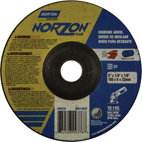 Norton 66252809376 Norzon Plus® Depressed Centre Grinding Wheels Norzon Plus<sup>®</sup> Depressed Centre Grinding Wheels, 6" x 1/4", 7/8" Arbor, Ceramic/Zirconium, Type 27 - Each