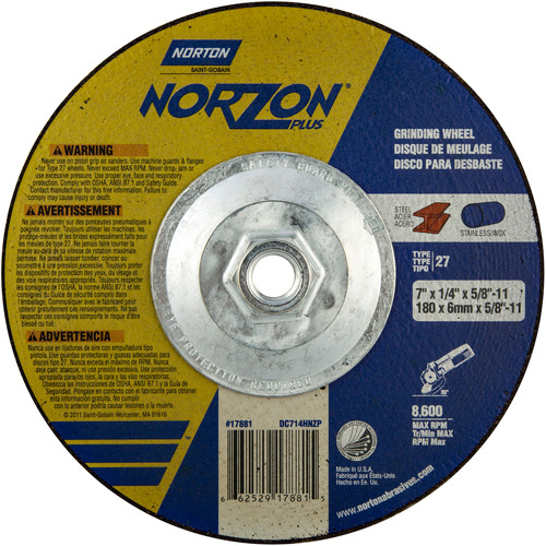 Norton 66252917881 Norzon Plus® Grinding Wheels Norzon Plus<sup>®</sup> Grinding Wheels, 7" x 1/4", 5/8"-11 Arbor, Ceramic Alumina, Type 27 - Each