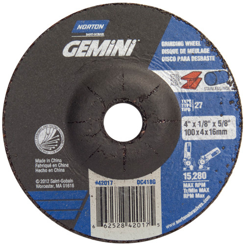 Norton 66252842017 Gemini® All Purpose Mini Cut-Off Wheel Gemini<sup>®</sup> All Purpose Mini Cut-Off Wheel, 4" x 1/8", 5/8" Arbor, Aluminum Oxide, Type 27 - Each