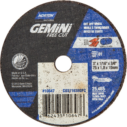 Norton 66243510647 Portable Small Diameter Reinforced Cut-Off Wheels - Gemini, 3" x 1/16", 3/8" Arbor, Type 1, Aluminum Oxide, 25465 RPM-(Each)