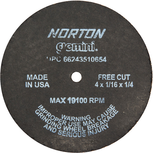 Norton 66243510654 Portable Small Diameter Reinforced Cut-Off Wheels - Gemini, 4" x 1/16", 1/4" Arbor, Type 1, Aluminum Oxide, 19100 RPM-(Each)