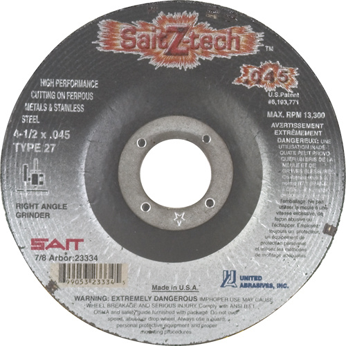 United Abrasives Inc. 23334 Cutting Wheel Z-Tech Cutting Wheel Z-Tech, 4-1/2" x 0.045", 7/8" Arbor, Type 27, Zirconium, 13300 RPM - Each
