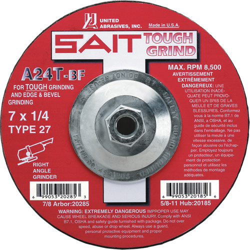 United Abrasives Inc. 20065 A24T Tough Grind Grinding Wheel A24T Tough Grind Grinding Wheel, 4-1/2" x 1/4", 7/8" Arbor, Aluminum Oxide, Type 27 - Each
