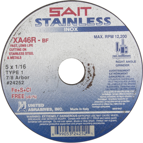 United Abrasives Inc. 24252 Cut-Off Wheel Contaminant-Free ZA46R Cut-Off Wheel Contaminant-Free ZA46R, 15" x 1/16", 7/8" Arbor, Type 1, Aluminum Oxide, 12200 RPM - Each