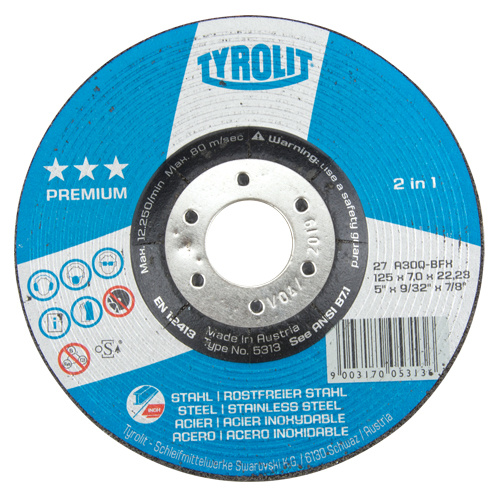Tyrolit 5313 Premium 2-in-1 Grinding Wheel Premium 2-in-1 Grinding Wheel, 5" x 9/32", 7/8" Arbor, Type 27 - Each