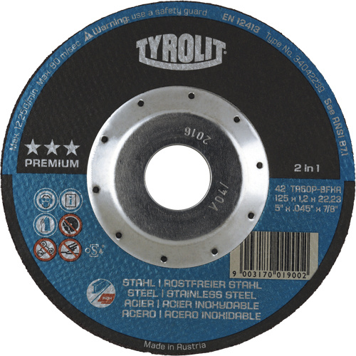 Tyrolit 291588 Premium Deep Thincut Cut-Off Wheel Premium Deep Thincut Cut-Off Wheel, 7" x 1/16", 7/8" Arbor, Type 27, Aluminum Oxide, 8600 RPM - Each