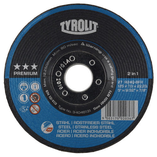 Tyrolit 34046120 Grinding Wheel Grinding Wheel, 4-1/2" x 9/32", 7/8" Arbor, Type 27 - Each