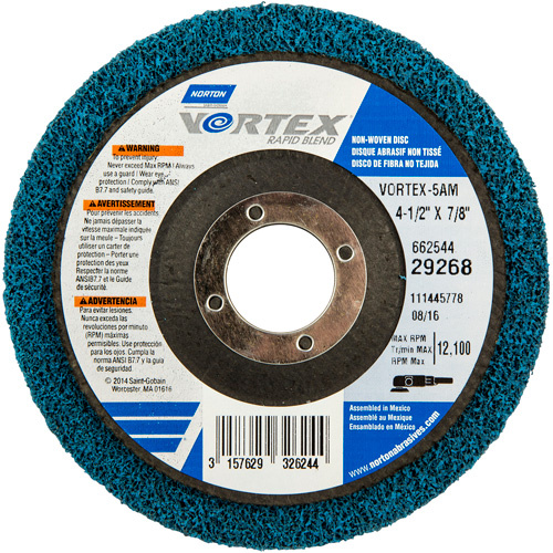 Norton 66254429268 Vortex Non-Woven Disc, 4-1/2" Dia. x 1/2" W, 7/8" Arbor, Aluminum Oxide-(Each)