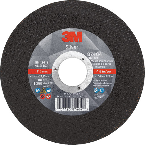 3M AB87464 Silver Cut-Off Wheel Silver Cut-Off Wheel, 4-1/2" x 0.04", 7/8" Arbor, Type 1, Ceramic, 13300 RPM - Each