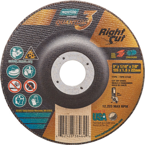 Norton 66252838464 Quantum3™ RightCut™ Cut-Off Wheel Quantum3™ RightCut™ Cut-Off Wheel, 5" x 1/16", 7/8" Arbor, Type 27/42, Ceramic Alumina, 12225 RPM - Each