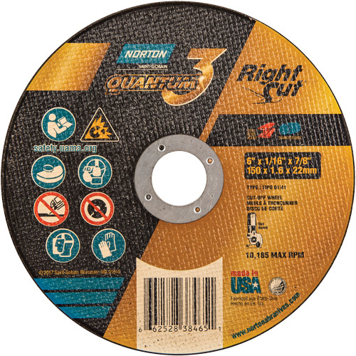 Norton 66252838465 Quantum3™ RightCut™ Cut-Off Wheel Quantum3™ RightCut™ Cut-Off Wheel, 6" x 1/16", 7/8" Arbor, Type 01/41, Aluminum Oxide, 10185 RPM - Each