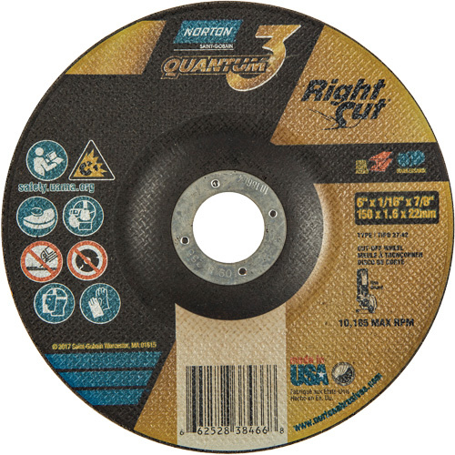 Norton 66252838466 Quantum3™ RightCut™ Cut-Off Wheel Quantum3™ RightCut™ Cut-Off Wheel, 6" x 1/16", 7/8" Arbor, Type 27/42, Aluminum Oxide, 10185 RPM - Each