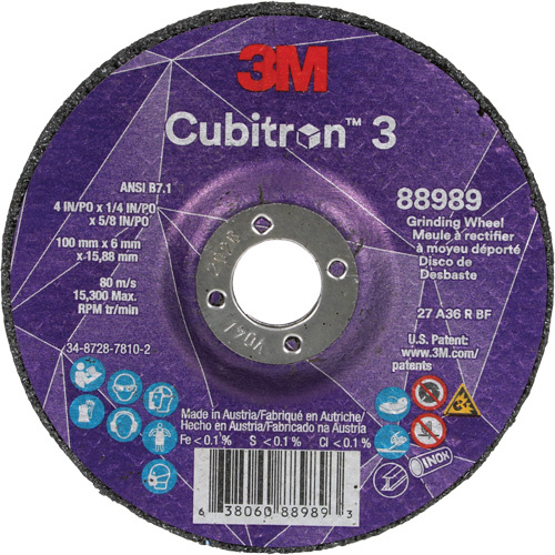 3M 7100303964 Cubitron™ 3 Depressed Centre Grinding Wheel Cubitron™ 3 Depressed Centre Grinding Wheel, 4" x 1/4", 5/8" Arbor, Ceramic, Type T27 - Each