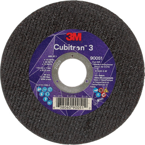 3M 7100304307 Cubitron™ 3 Cut-Off Wheel Cubitron™ 3 Cut-Off Wheel, 4-1/2" x 0.04", 7/8" Arbor, Type T1, Ceramic, 13300 RPM - Each