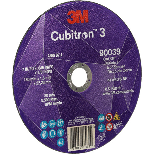 3M 7100313189 Cubitron™ 3 Cut-Off Wheel Cubitron™ 3 Cut-Off Wheel, 7" x 0.09", 7/8" Arbor, Type T27, Ceramic, 8500 RPM - Each