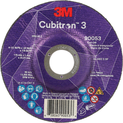 3M 7100304308 Cubitron™ 3 Cut-Off Wheel Cubitron™ 3 Cut-Off Wheel, 4-1/2" x 0.04", 7/8" Arbor, Type T27, Ceramic, 13300 RPM - Each
