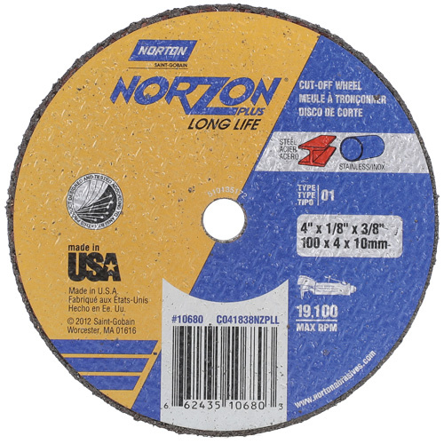 Norton 66243510680 NorZon Plus SGZ CA Small Diameter Cut-Off Wheel, 4" x 1/8", 3/8" Arbor, Type 01/41, Ceramic Alumina, 19100 RPM-(Each)