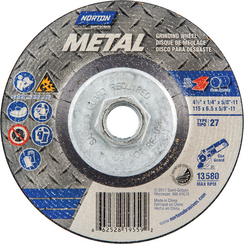 Norton 66252819559 Metal Grinding Wheel Metal Grinding Wheel, 4-1/2" x 1/4", 5/8"-11 Arbor, Aluminum Oxide, Type 27 - Each