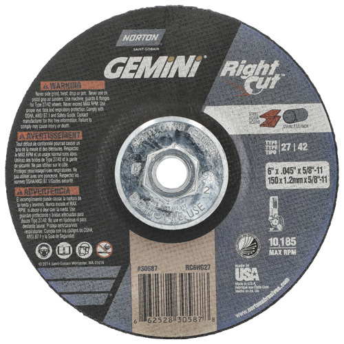 Norton 66252830587 Gemini RightCut Right Angle Cut-Off Wheel, 6" x 0.045", 5/8"-11 Arbor, Type 27/42, Aluminum Oxide, 10185 RPM-(Each)