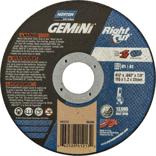 Norton 66252841213 Gemini RightCut Right Angle Cut-Off Wheel Gemini RightCut Right Angle Cut-Off Wheel, 4-1/2" x 0.045", 7/8" Arbor, Type 01/41, Aluminum Oxide, 13580 RPM - Each