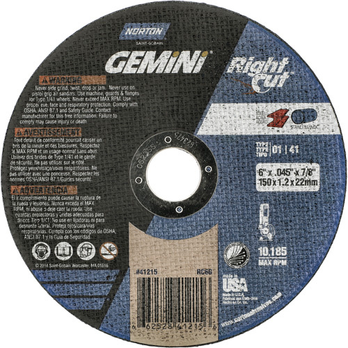 Norton 66252841215 Gemini RightCut Right Angle Cut-Off Wheel Gemini RightCut Right Angle Cut-Off Wheel, 6" x 0.045", 7/8" Arbor, Type 01/41, Aluminum Oxide, 10185 RPM - Each