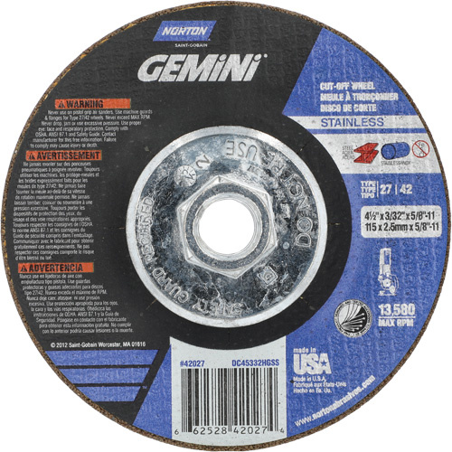 Norton 66252842027 Gemini INOX/SS Right Angle Cut-Off Wheel Gemini INOX/SS Right Angle Cut-Off Wheel, 4-1/2" x 3/32", 5/8"-11 Arbor, Type 27/42, Aluminum Oxide, 13580 RPM - Each