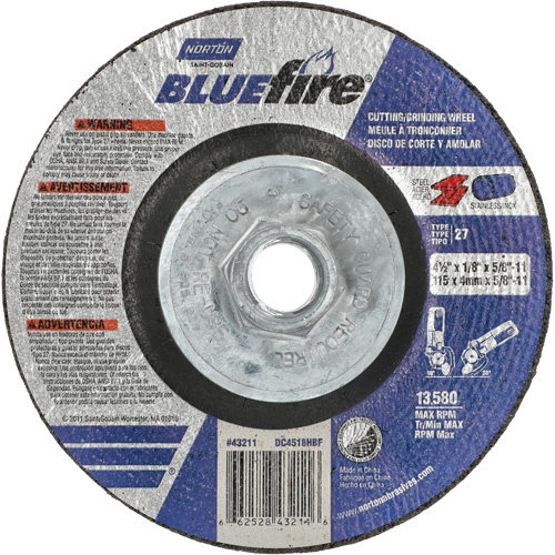Norton 66252843211 BlueFire Grinding & Cutting Wheel BlueFire Grinding & Cutting Wheel, 4-1/2" x 1/8", 5/8"-11 Arbor, Type 27, Zirconia Alumina - Each